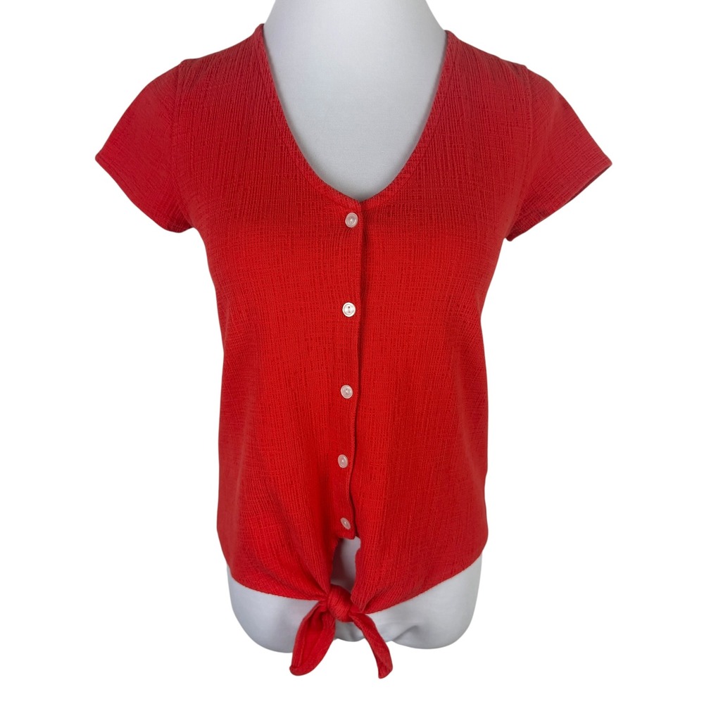 J.Crew Women's XS Red Textured Knit Tie Front V-Neck Button Top